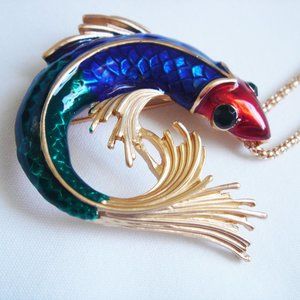NWT BLUE RED GREEN ENAMEL FISH NECKLACE BROOCH
